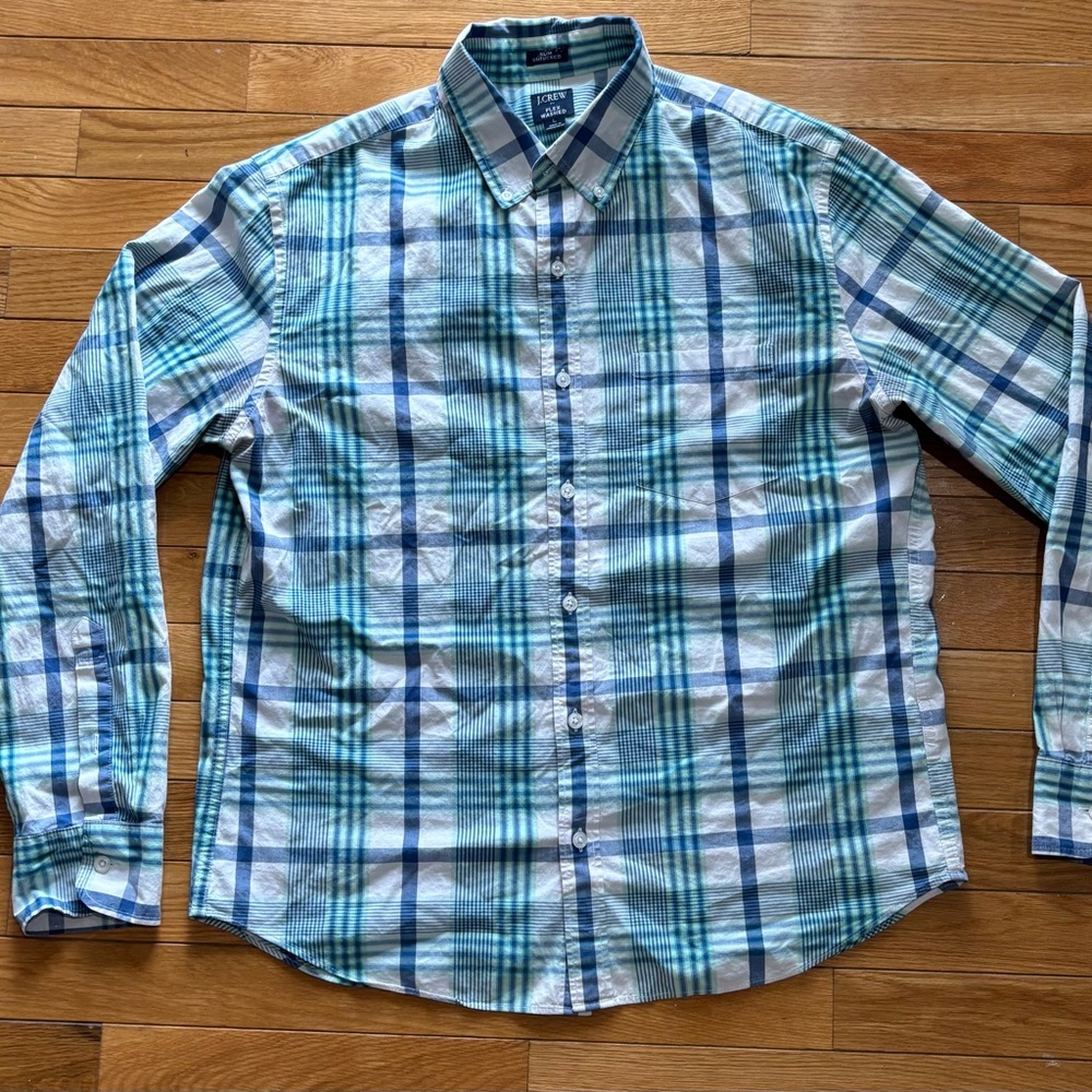 J.Crew Men's Plaid Long Sleeve Button-Up Shirt Flex Slim Untucked Blue Green L